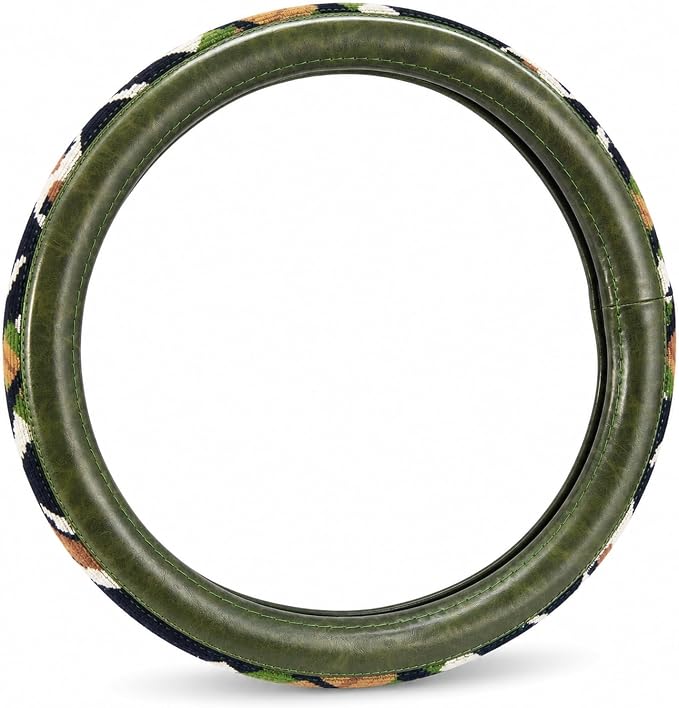 Universal 15inch Ethnic Style Baja Blanket Steering Wheel Cover with Coarse Flax Cloth and Sweat Absorption Anti Slip Car Wrap (Boho Green Leather 2)