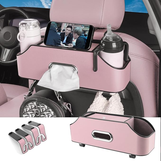 Car Back Seat Organizer with 2 Drink Cup Holder - Tissue Box and Storage Box Hook - Multi-functional Storage - Great for Kids and Travel (Pink)