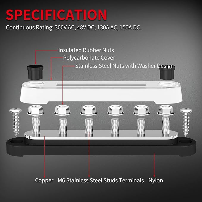 Marine Bus Bar 12V 6 x 1/4" (M6) Terminal Studs 12 Volt Bus Bar Power Distribution Block with Cover Max 300V AC 48V DC Positive & Negative Battery Terminal Block for Automotive Car Boat