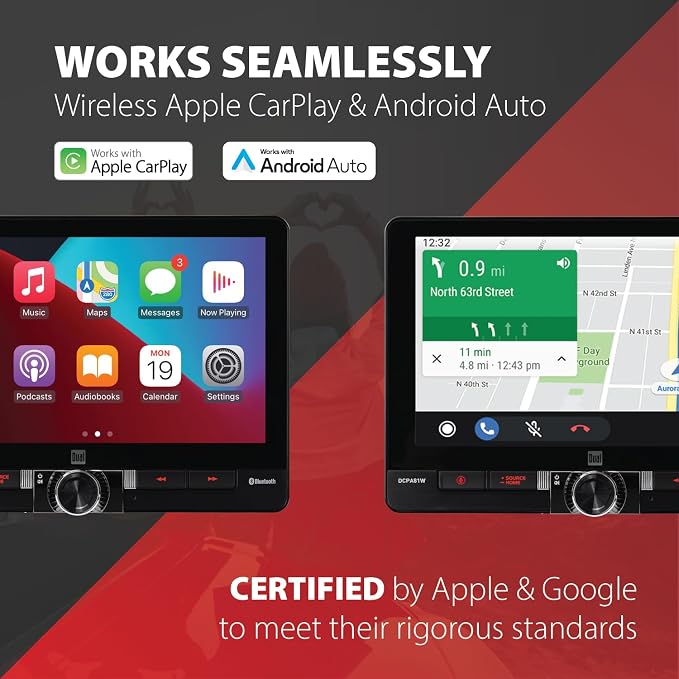 DCPA81W 8" Wireless CarPlay Android Auto Single/Double DIN | Fits single or double DIN, 8-inch touchscreen, certified wireless CarPlay, front & rear camera inputs, Bluetooth,USB charging