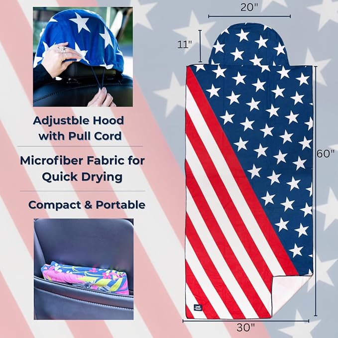 Car Seat Towel Cover – Hooded Moisture-Wicking Microfiber Seat Protector – 30" x 60" – for Runners and Outdoor Enthusiasts – Patriotic