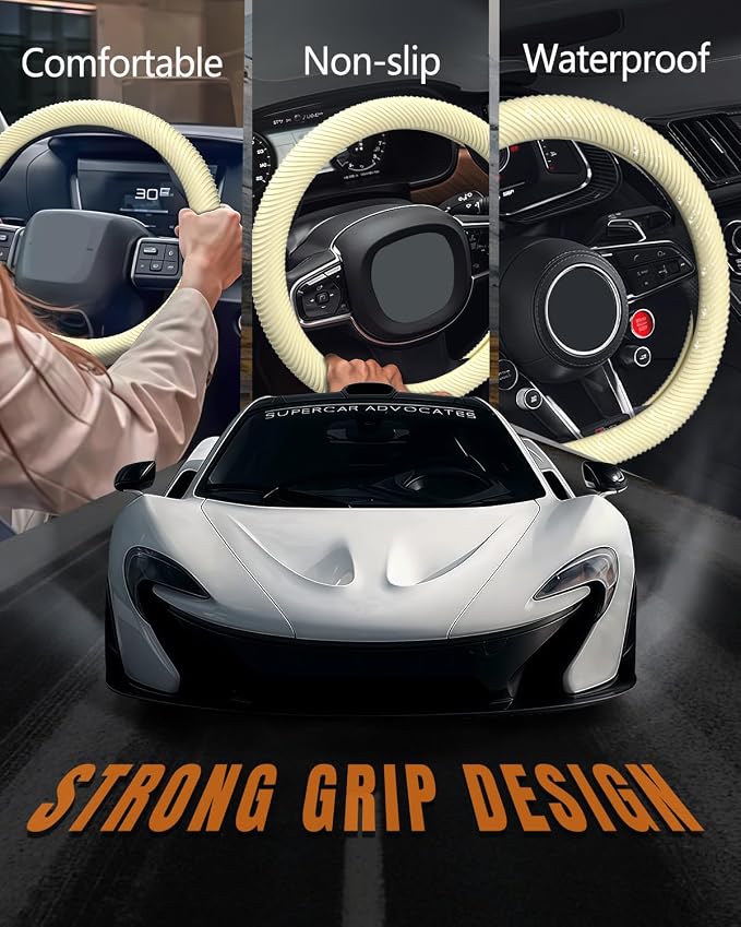 Car Steering Wheel Cover, Thin Anti-Skid Silicone Steering Wheel Cover for Men & Women, Universal Automotive Interior Accessories for Most Cars (Light Yellow)