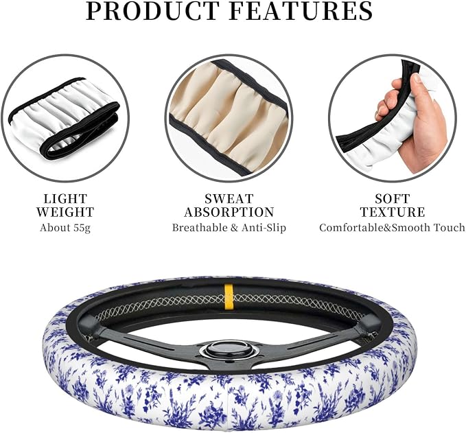 Floral Steering Wheel Cover Car Elastic Steering Wheel Protector | Blue White Anti-Slip Breathable Car Accessories Interior for Women Men Universal 15 Inch Fit Auto SUVs Vans Truck