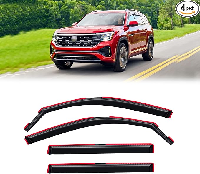 in-Channel Rain Guards for Volkswagen (VW) Atlas 2018-2026, Window Visor Shields Vent Deflector Shade Wind Dark Smoke 2019 2020 2021 2022 2023 2024 2025 18 19 20 21 22 23, Tape-On Inside-Mount, 4PCS