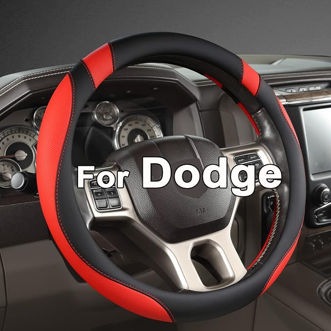 Customized Auto Car Steering Wheel Cover for Dodge RAM 1500 2500 3500, 15.5-16 inch (Black+Red-Large Size)