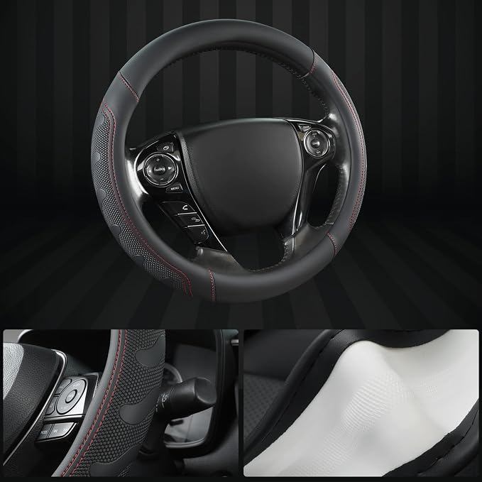 Microfiber Leather Steering Wheel Cover for Honda Accord,Civic,CR-V,HR-V,Pilot(Black+Red Line-Standard Size)