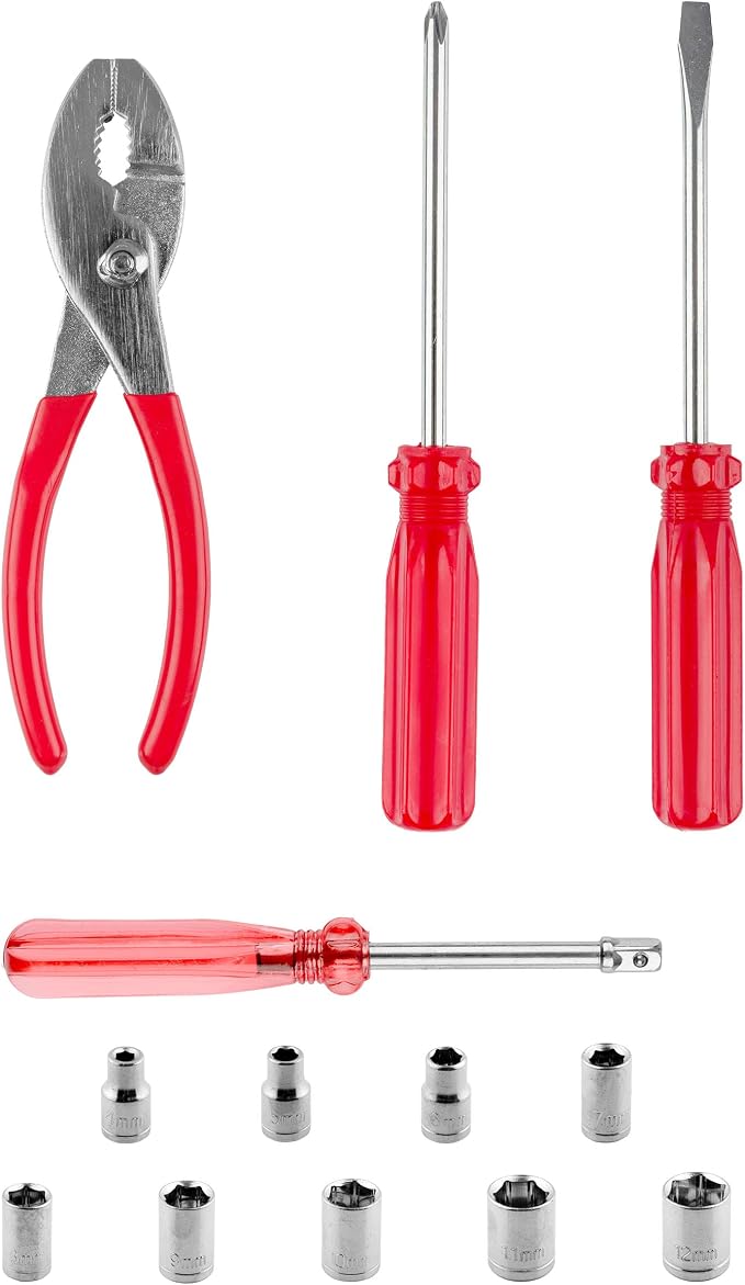 Roadside Emergency Car Kit - 30-Piece Road Trip Essentials Tool Set with Jumper Cables and Carrying Case for Car, Truck, or RV by (Gray/Red)