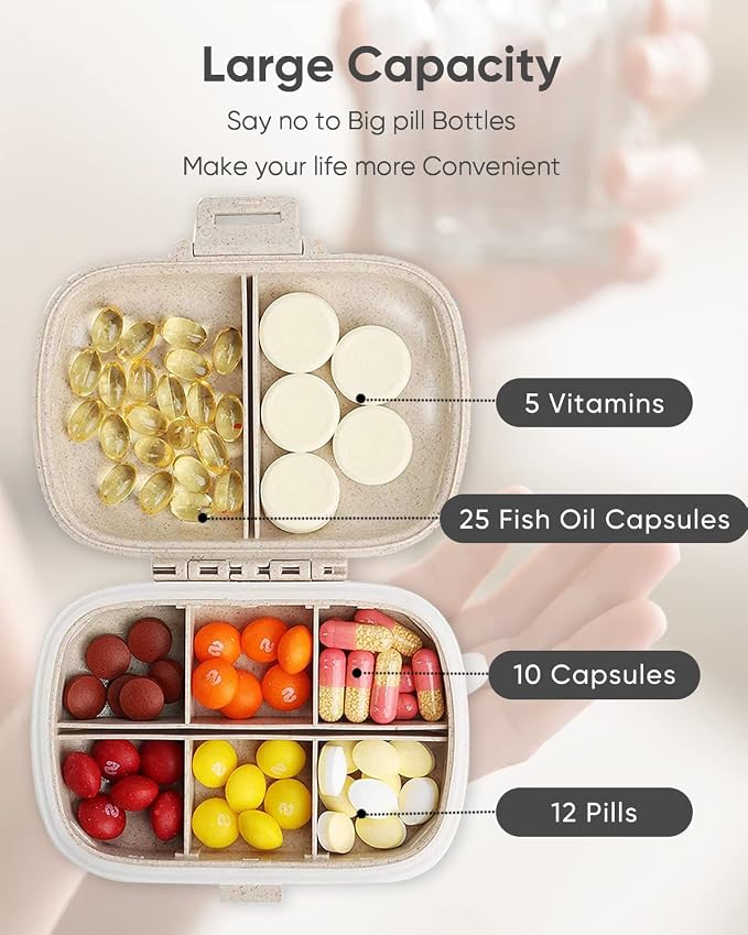 Holii Travel Pill Organizer, 8 Compartments Portable Pill Case, Daily Pill Box to Hold Vitamins, Small Pill Container for Pocket Purse Medicine Organizer（Khaki）
