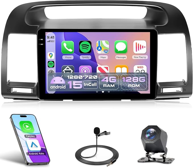 4G+128G Android 15 Car Radio for Toyota Camry 2000-2006, Car Stereo Wireless Carplay Andorid auto Mirror Link 9'' INCELL Touchscreen GPS WiFi Bluetooth 5.0 FM/RDS EQ-32 SWC Backup Camera
