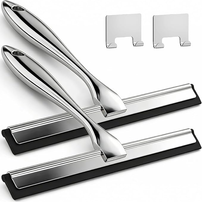 2pcs Shower Squeegee for Glass Doors with Adhesive Hanging Hook Set | 9.9” silver, bathroom accessories, window cleaner, new home essentials, soft rubber blade, metal handle, ergonomic grip