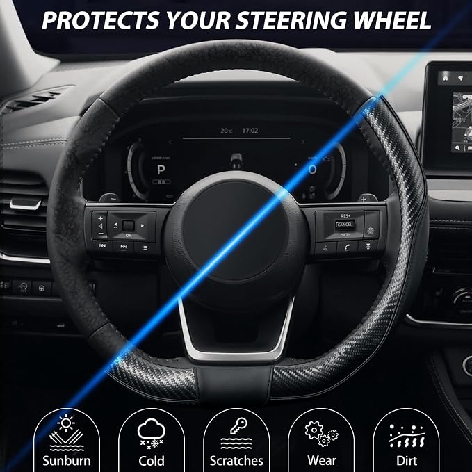 Flat Bottom Steering Wheel Cover, D Shaped Car Wheel Cover 14-14 1/4 in. (35.5-36 cm), for Tesla Model 3 / Y, for Camaro, Black Microfiber Leather with Carbon Fiber Pattern