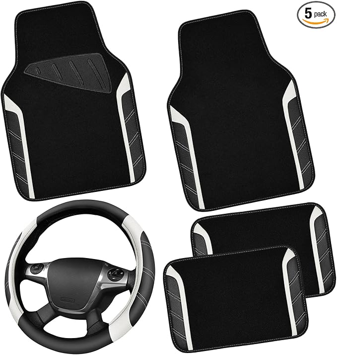 Leather Steering Wheel Cover and Waterproof Car Floor Mats, Microfiber Universal Car Combo Fit for 95% Sedan SUV Van,14.5-15 inch Sporty Anti-Slip Safety Comfortable Design, Black＆White