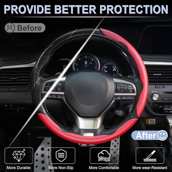 3pcs Carbon Fiber Anti-Skid Steering Wheel Cover, Waterproof & Segmented Butterfly Design, Universal 99% Vehicle Wheel Cover Protector, Car Interior Accessories (Red-3pcs)