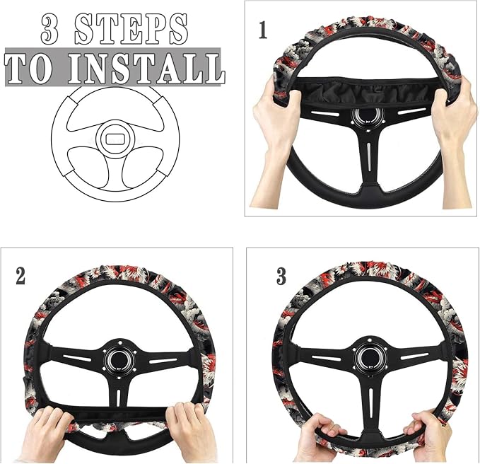 Cool Dragon Print Car Steering Wheel Covers Sweat Anti-Slip Soft Grip Universal 14-15 inch Stretch-on Fabric Steering Wheel Soft Protector Steering Wheel Covers Car Accessories