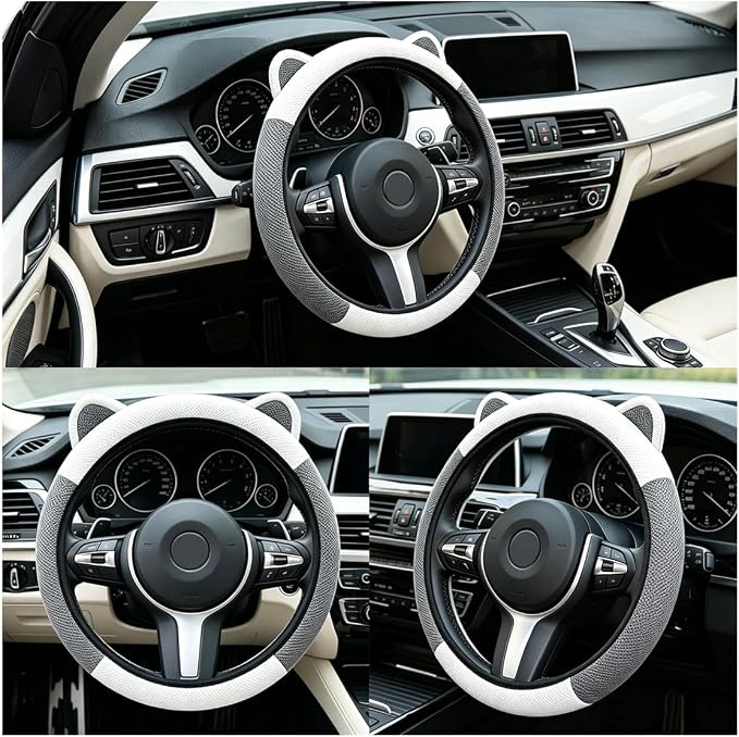 Steering Wheel Cover with Ears Keychain Fit 14-15 inch White Gray | Cute Car Steering Wheel Covers for Women Girls Elastic Breathable Steering Wheel Protector Accessories Universal Size