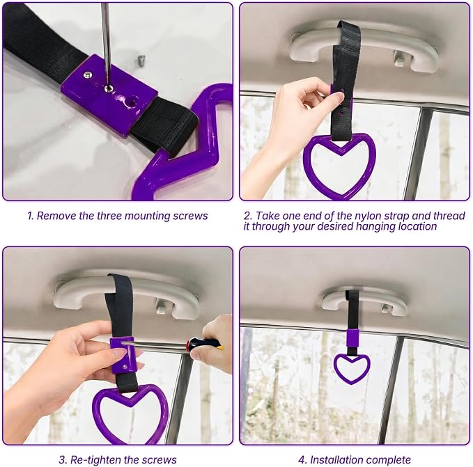 2 Pcs Heart Shaped Car Handle Strap – JD M Drift Charm Rear Bumper Warning Ring Decor for Car Interior Exterior, Subway Bus Handle Accessory, Cute Heart Car Decor Gift for Drivers (Purple)