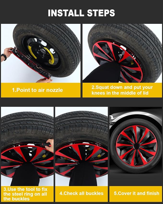 Hubcaps,16 inch hubcaps Set of 4, Wheel Rim Cover ABS Material, Snap On Car Truck SUV Replacement, for Toyota Camry Nissan Mazda etc, Black & Red