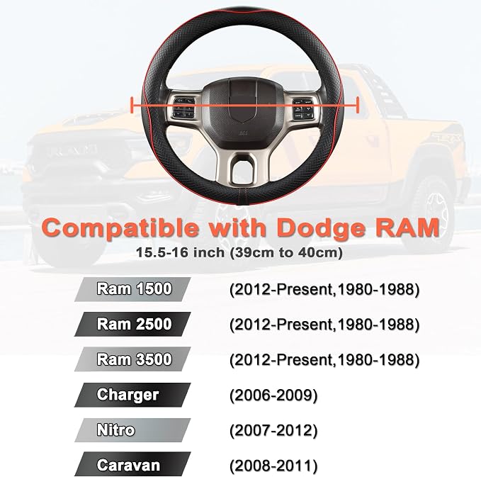 Customized Auto Car Steering Wheel Cover for Dodge RAM 1500 2500 3500, 15.5-16 inch (Black+Red Line-Large Size)