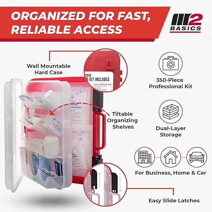 350 Piece Professional Wall-Mount First Aid Kit, Home, Business | Dual-Layer Hard Case, Office, Warehouse, Jobsite, Garage, Vehicle, Workplace Safety, Classroom And Emergency Readiness