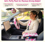5 Pcs Fuzzy Cow Print Car Accessories Set, Soft Fluffy Plush Steering Wheel Cover, Center Console Armrest Pad & Rearview Mirror Cover - Interior Decorations for Women,Universal Fit (Pink Cow)