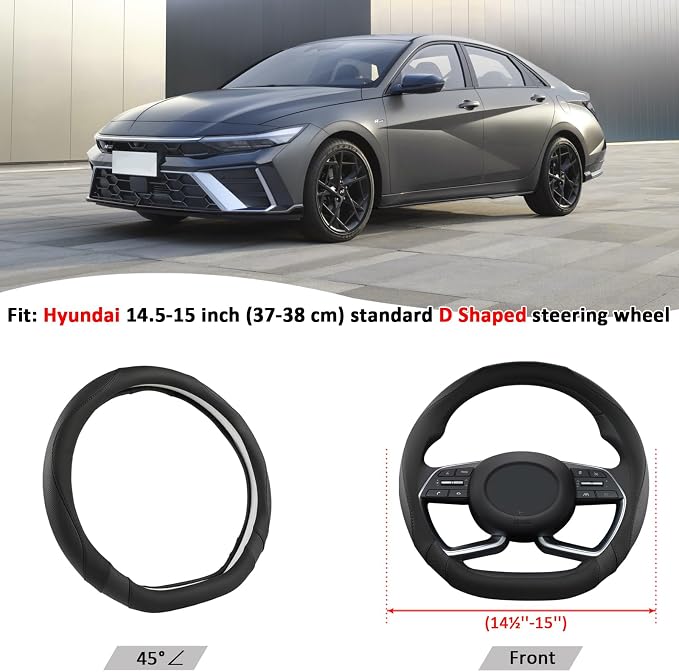 Flat Bottom Car Steering Wheel Cover for Hyundai,D Shaped Steering Wheel Cover for Tucson,Sonata,Elantra,Santa Fe,Genesis,Sonata Hybrid,Azera,Venue,Kona (Black-Standard Size)