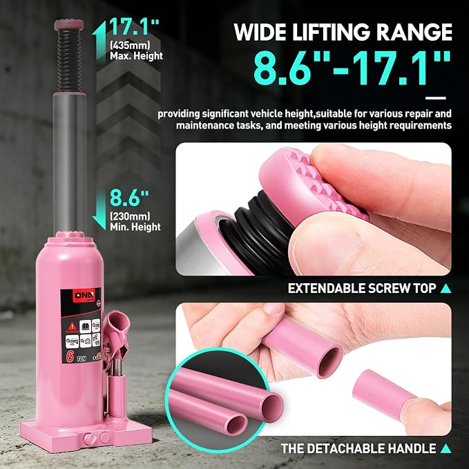 6 Tons / 12000 lbs Lifting Automotive Welded Hydraulic Bottle Jack for Car SUV Pickup Truck, Auto Repair, with Manual Handle & Carrying Storage Case, Pink