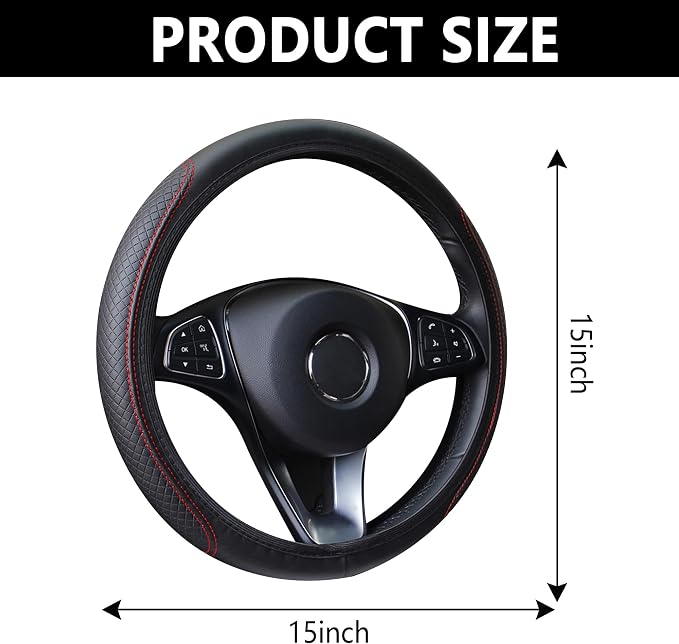 Leather Steering Wheel Cover,Anti Slip Car Steering Wheel Cover for Car Decorations & Steering Wheel Protections,Universal 15Inch Wheel Cover Car Interior Accessories for Men & Women (Black+Red)