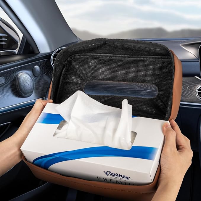 Car Tissue Holder - Standard Pu Leather Napkin Holder for Backseat, Extra Large Organization Fits 120-230 Tissues Per Box, 9.84'' X 4.72'' X 5.91'', Matte Brown