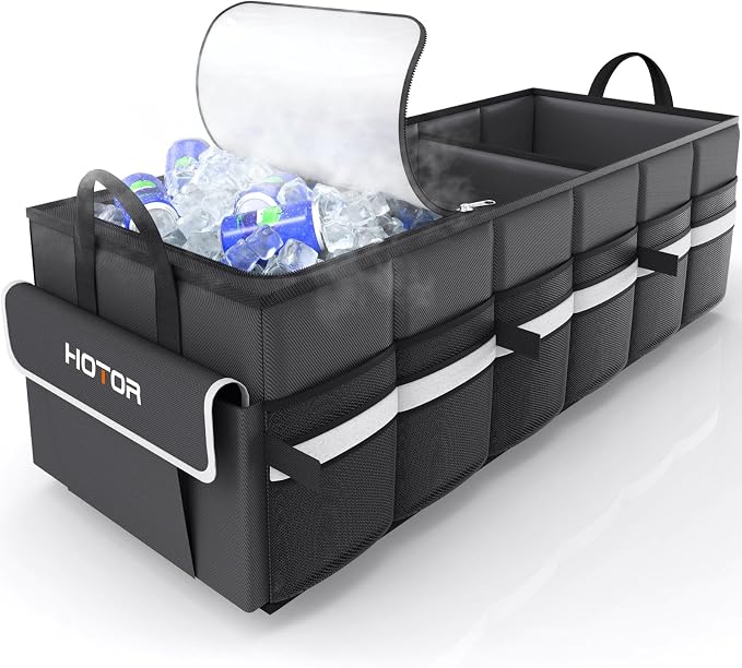 Trunk Organizer - Car Organizer with Built-In Leakproof Car Cooler, Collapsible Trunk Organizer with Cooler for Car, SUV, Sedan, with Base Panel (3 Compartments, Black),31.9"×12.6"×10.6"