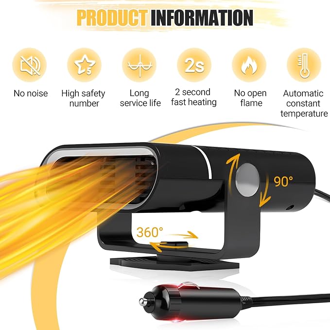 Car Heater, 200W Vehicles Heaters Auto Part 12V Portable Car Heaters That Plugs Into Cigarette Lighter, Vehicle Defroster Windshield Demister, Auto Defogger With 360° Rotatable for All 12 Volt Cars