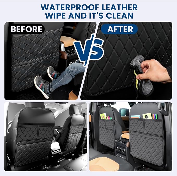 2 Pack kick mats back seat protector, backseat car organizer protectors for back of front seats, 30"X17" Car Seat Protectors for Under Child Seats, Waterproof Back Seat Cover with 3 Large Pocket