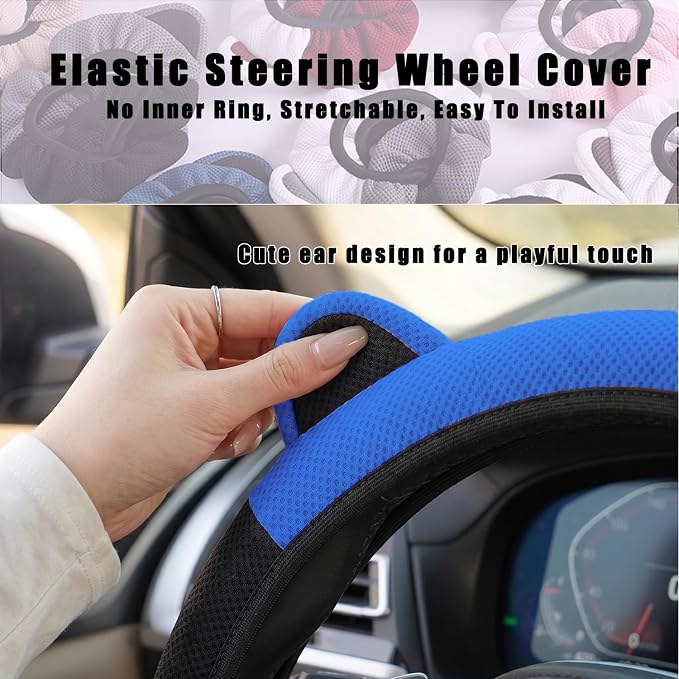 Steering Wheel Cover with Ears Keychain Fit 14-15 inch Black Blue | Cute Car Steering Wheel Covers for Women Girls Elastic Breathable Steering Wheel Protector Accessories Universal Size
