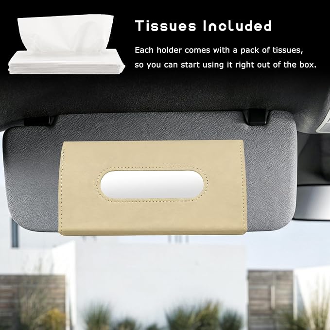 Car Tissue Holder, Auto Sun Visor Napkin Holder Hanging Paper Towel Dispenser with Tissue Refill, Premium Leather Napkin Case Mask Organizer for Backseat & Visor, Car Accessories (Beige)
