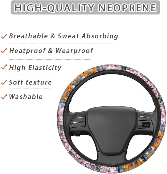 Sports Style Car Steering Wheel Cover Colorful Bohemian Flower Pattern Auto Wheel Cover for SUV Van Car Truck Vehicle Wheel Protector Steering Wheels Accessories