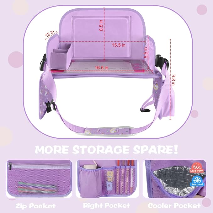 Kids Travel Tray for Car Seat, Road Trip Essentials Kids Lap Tray | Toddler Gift for Girl Activities with Dry Erase Board, No-Drop iPad Holder Stand, Cup Holder & Adjustable Strap, Purple