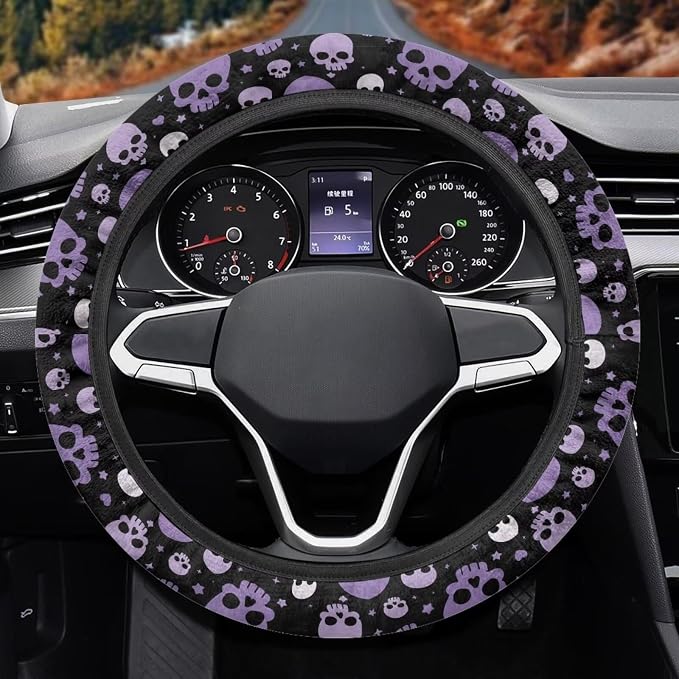 Car Steering Wheel Cover for Women Men, Soft Neoprene Stretch Anti-Slip 15 Inch Steering Wheel Protector Universal Halloween Auto Decor, Purple Skull Print
