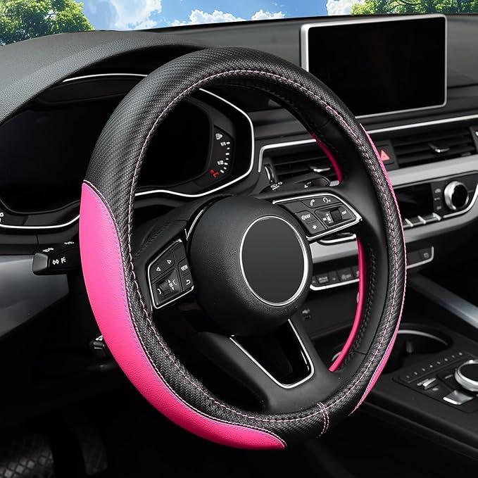 Microfiber Leather Auto Car Steering Wheel Cover, Universal Fit 15 Inch Anti-Slip Wheel Protector, Pink