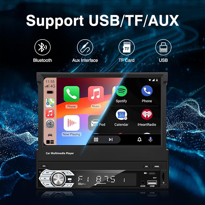 Single-Din-Touchscreen-Radio,Carplay&Android Auto,Car Stereo Backup Camera | Bluetooth/FM/RDS Radio/Type-C/USB/SD/MP4/MP5 Player