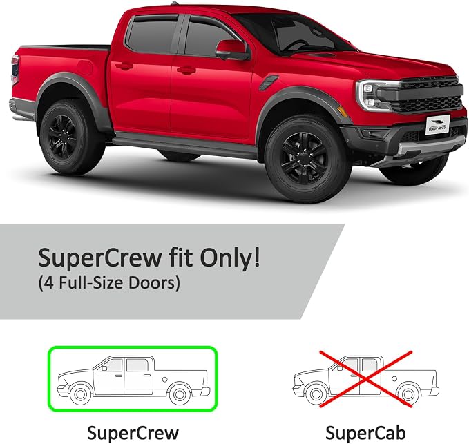 Voron Glass in-Channel Extra Durable Rain Guards for Ford Ranger 2024-2026 SuperCrew, Window Deflectors, Vent Window Visors, 4 Pieces - 200645