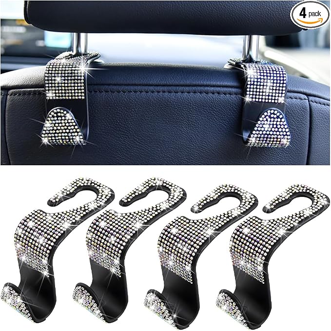Mandark 4PCS Bling Car Seat Headrest Hooks, Crystal Rhinestone Vehicle Seat Back Hanger for Grocery Purses Handbags, Diamond Auto Seatback Storage Organizer Hook, Universal for Most Cars (Multicolor)