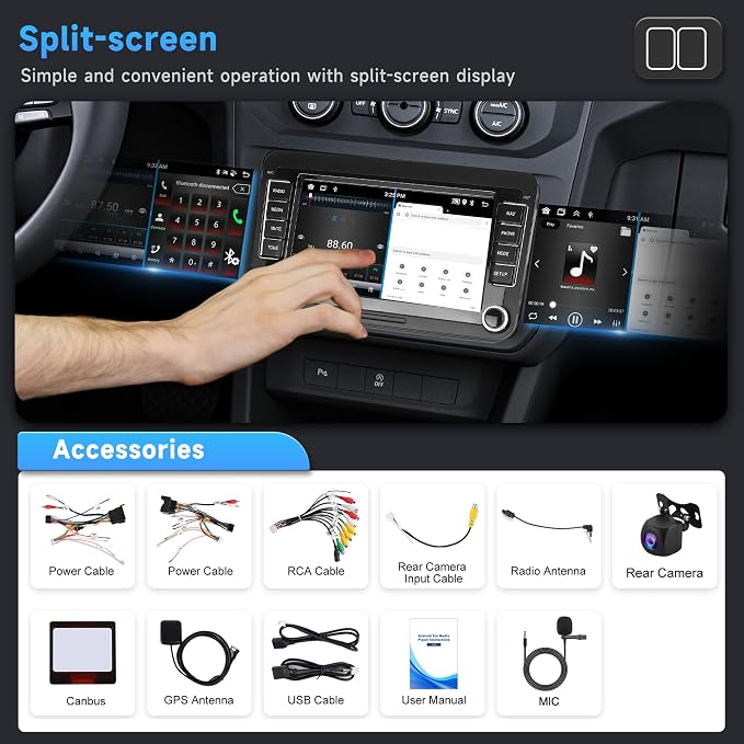8 Core 6+128G Android Car Radio for VW Passat Golf MK5 MK6 Jetta T5 EOS Polo Touran Seat Sharan Wireless Carplay Android Auto, 7'' Touchscreen Car Radio with GPS Bluetooth WiFi FM/RDS DSP Rear Camera