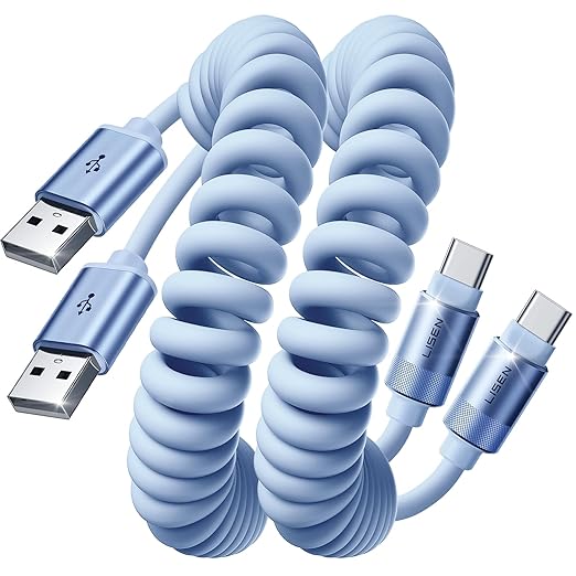 Coiled USB C Cable, 2 Pack for Android Auto & CarPlay Cable, Short USB A to USB C Cable Compatible with iPhone 17/16/15, Samsung Galaxy S25/S24/S23 A15/A14, Google Pixel 9/8, Blue 4FT