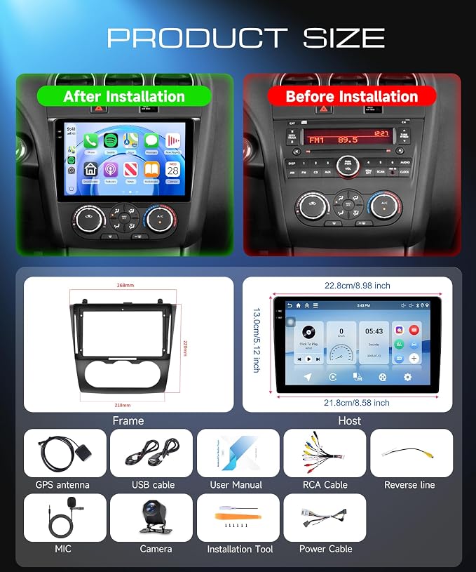 Android Car Radio for Nissan Altima 2008-2012 with Wireless CarPlay Android Auto, 4G+128G 9 Inch Touchscreen Car Stereo Mirror Link GPS Navigation WiFi Bluetooth FM RDS EQ SWC Backup Camera