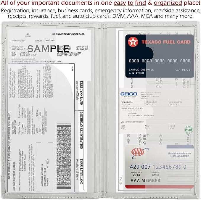 Registration and Insurance Card Holder - Car Organizer - White | Vehicle Glove Box Document Organizer, Auto Essential Paperwork Holder for Contact Information Cards, Interior Car Accessories
