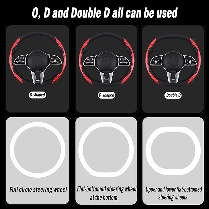 2Pc Carbon Fiber Steering Wheel Cover Universal Fit 99% Cars | Non-slip soft grip, easy to wipe clean, quick to install, perfect for daily commutes and road trips, Red