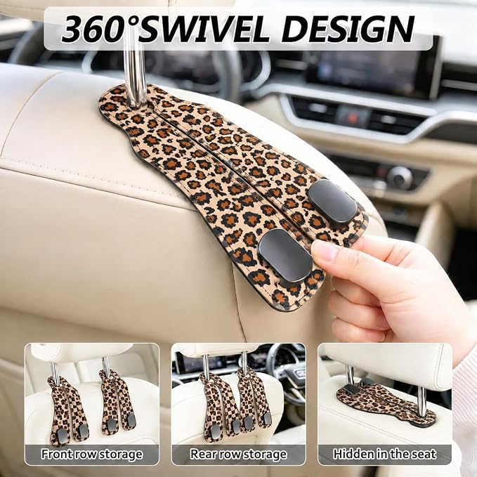 Cute Leopard Car Seat Back Storage Headrest Hooks for Purses & Bags – 2PCS PU Leather Dual Metal Hooks, Backseat Organizer Accessories