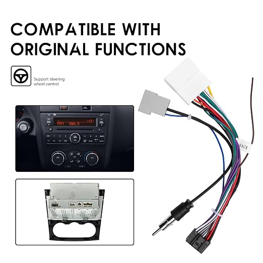 Car Stereo Wiring Harness for Nissan Altima, Rogue, Murano, Qashqai, Sentra 2007–2013, Plug & Play Cable for Android Head Unit with 16-Pin Power Socket, for Steering Wheel Control, FM/AM Radio