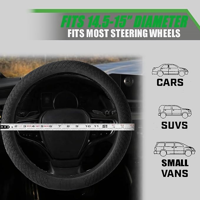 Suede Steering Wheel Cover with Upgraded Silicone Inner Ring, Breathable, Anti-Slip, Leather Universal 14.5 to 15 Inch Steering Wheel Cover (Black with Handwoven Craft)