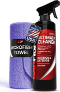 Car Interior Cleaner – Stain Remover & Odor Eliminator – No Residue Finish – Safe on Leather, Fabric, Carpet & Plastic – Detailing Spray with Microfiber Towel – 18oz