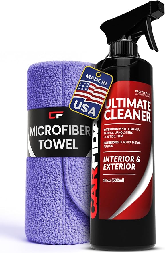 Car Interior Cleaner – Stain Remover & Odor Eliminator – No Residue Finish – Safe on Leather, Fabric, Carpet & Plastic – Detailing Spray with Microfiber Towel – 18oz